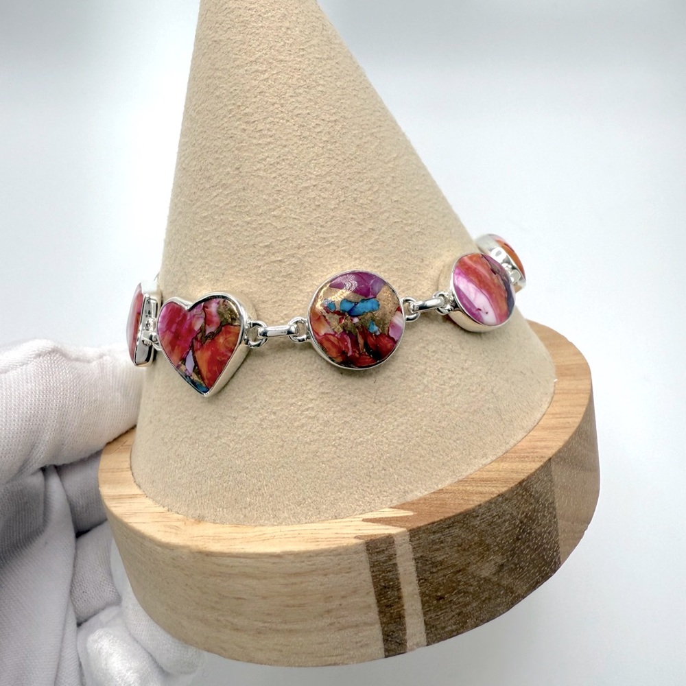 Pink Oyster Turquoise .925 Sterling Silver Bracelet - Picture 8 of 16